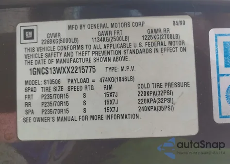 1999 Chevrolet Blazer Ls from USA, damaged, VIN 1GNCS13WXX2215775